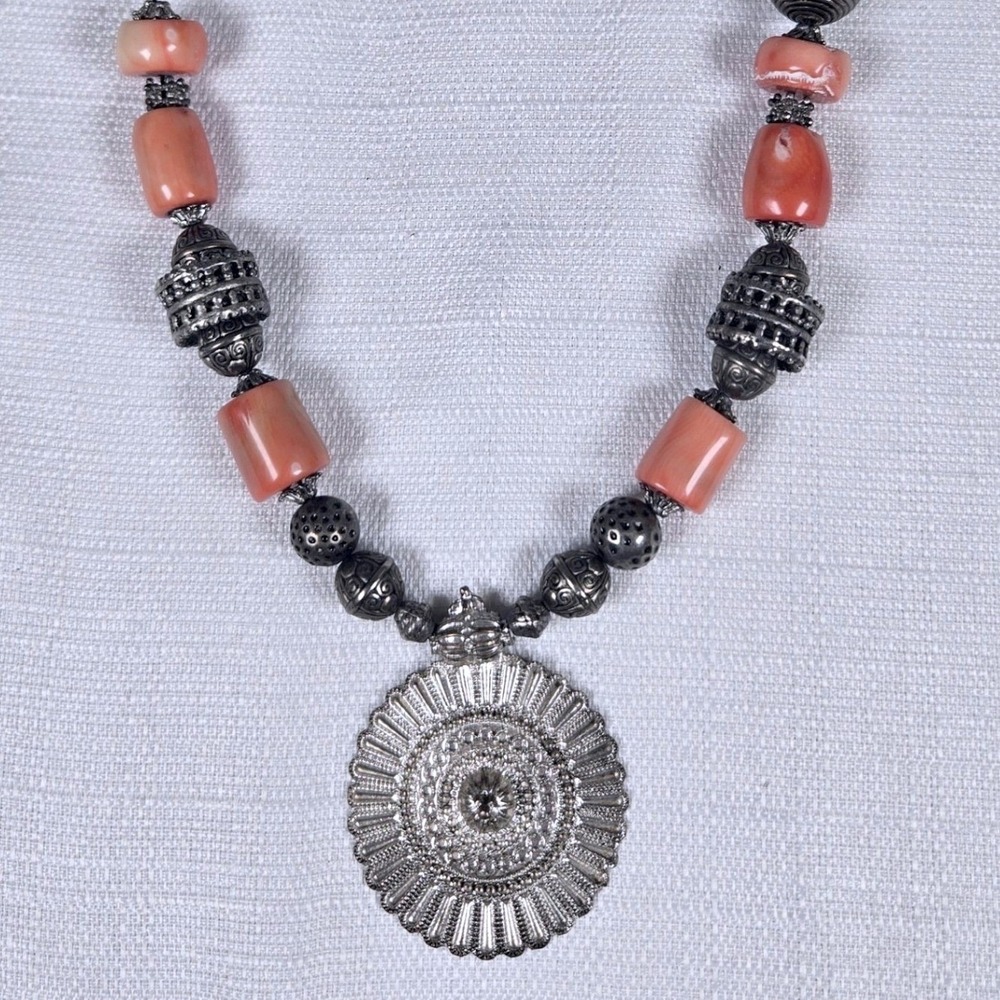Vintage Artisan Natural Red Coral Barrel Bead Necklace Silver Tone Statement